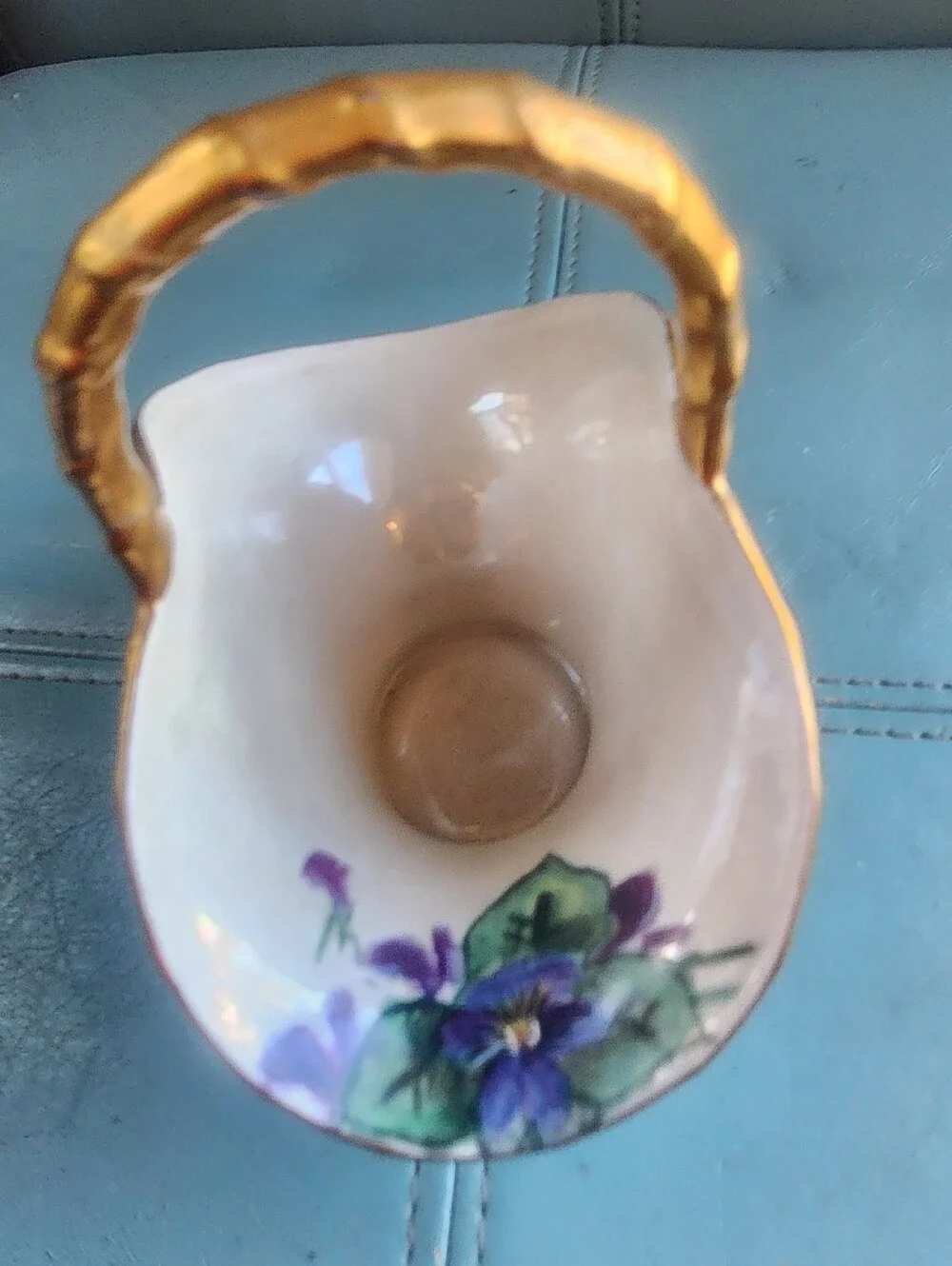 Vtg LIMOGES Purple Hand-Painted Violets Floral Porcelain Basket Gold Accents B&C